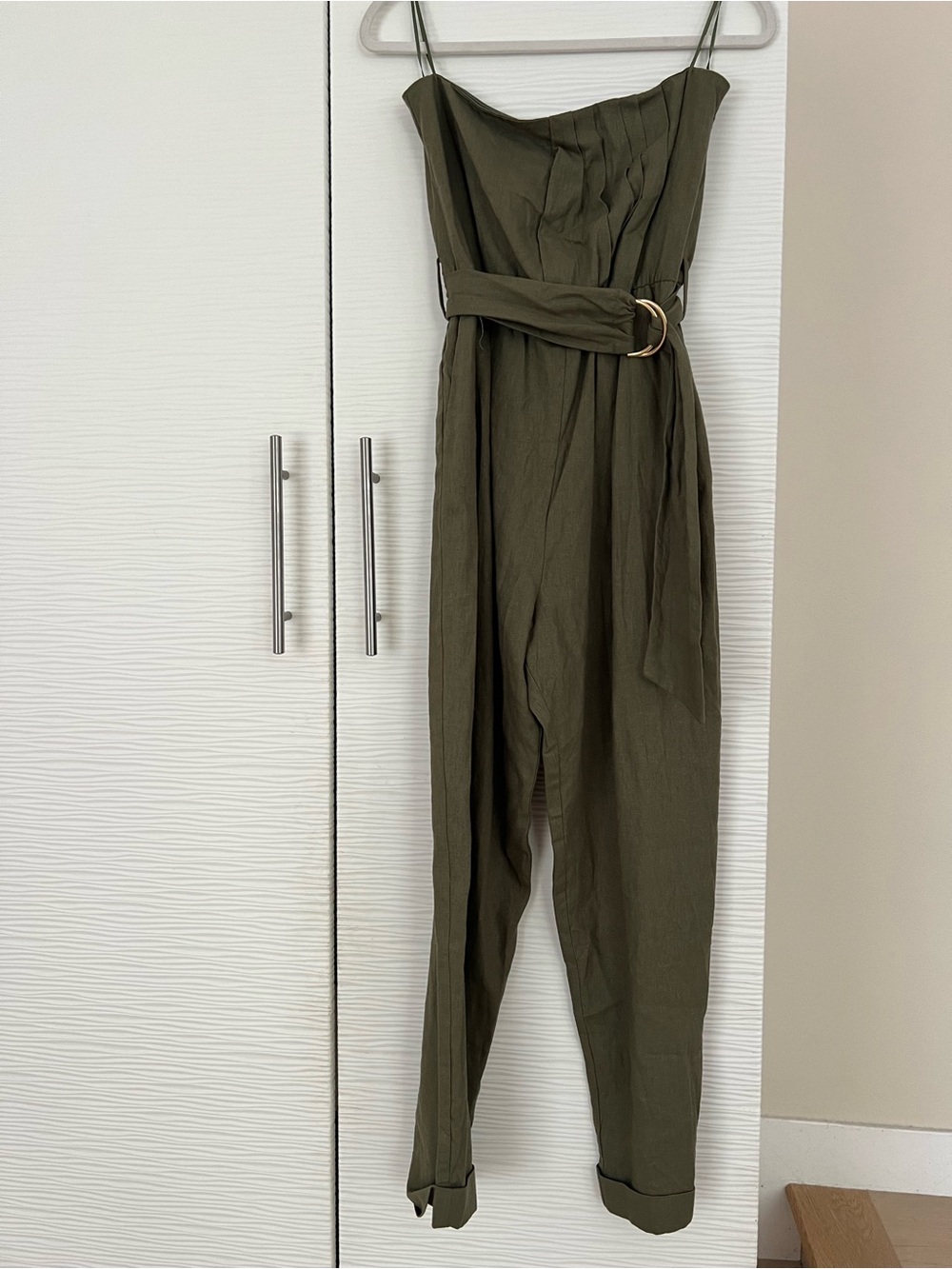 Zara Olive Green Strapless Belted Jumpsuit